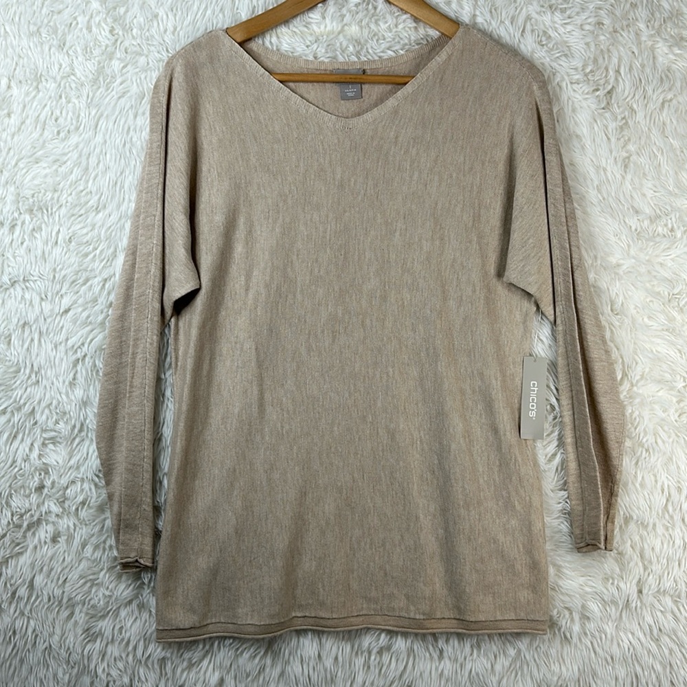 NWT Chico's tan lightweight pullover v-neck sweater.